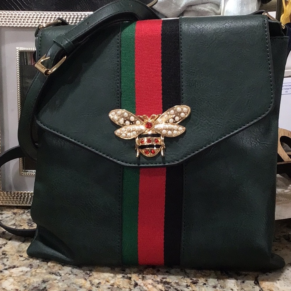 Green Designer Crossbody Bag with Bee Accent - Boutique NWOT